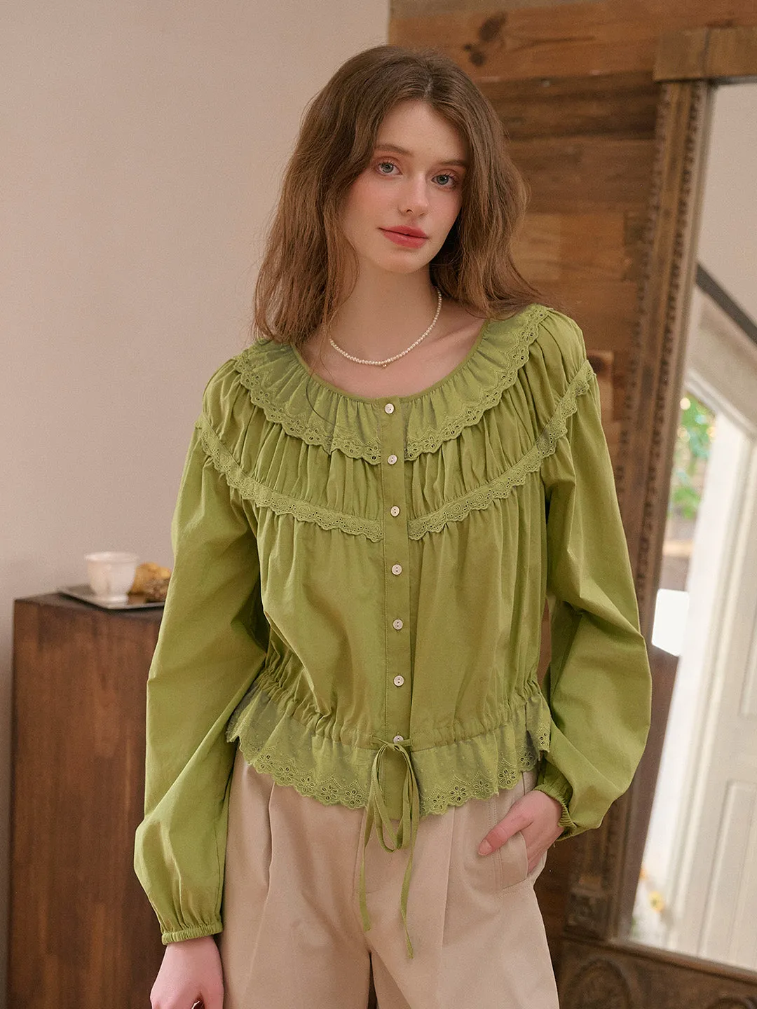 FrictionResistantEdges Wear Resistant Fabric ??Final Sale??Mallory Round Neck Lace Blouse