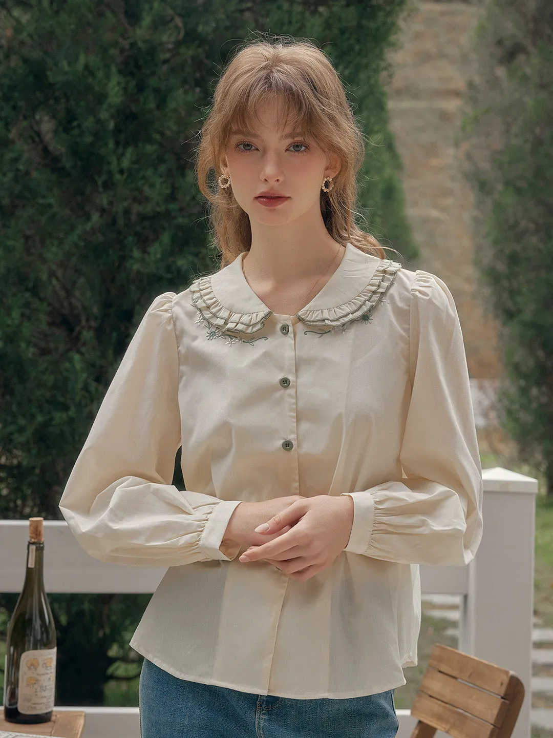 ??Final Sale??Maren Peter Pan Collar Floral Embroidery Blouse - Apricot Weighted Hem ErgonomicShape