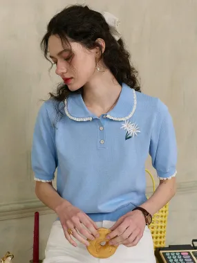??Final Sale??Margot Peter Pan Collar Embroidery Top Flexible Knit