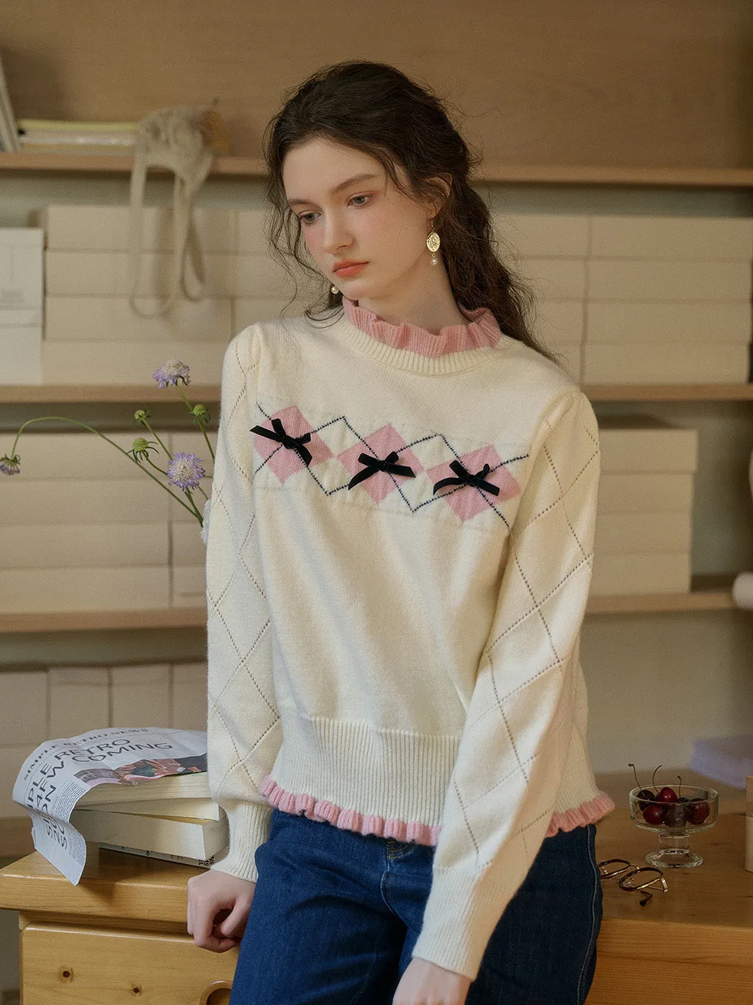 ??Final Sale??Max Ruffled Collar Bow Sweater Button Down Collar Style