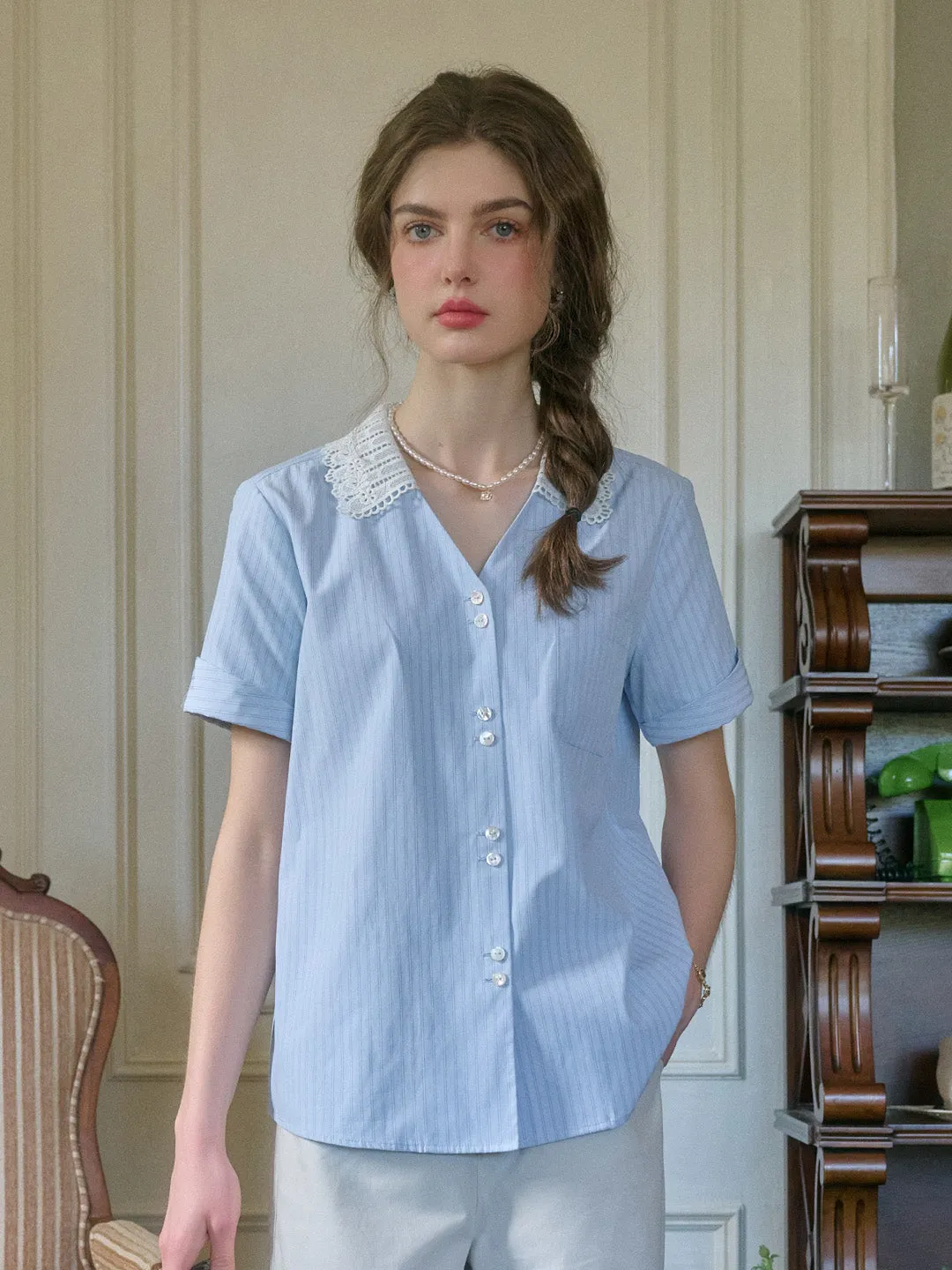 ??Final Sale??Mika V-Neck Striped Blouse Stretch Fit