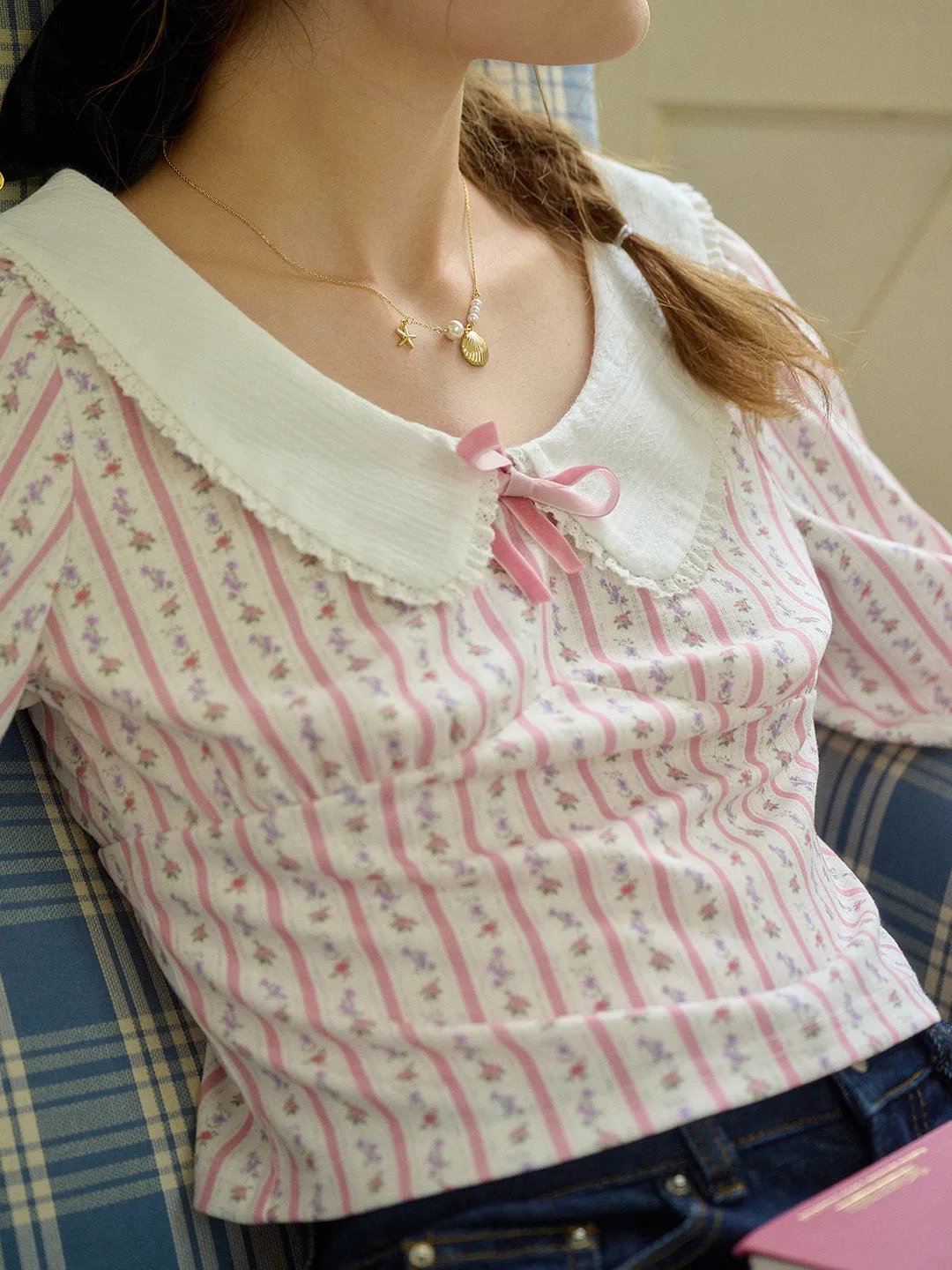 ??Final Sale??Nori Cute Doll Collar Floral Bow Stripe Blouse LayeredDurability Pocket Reinforcement