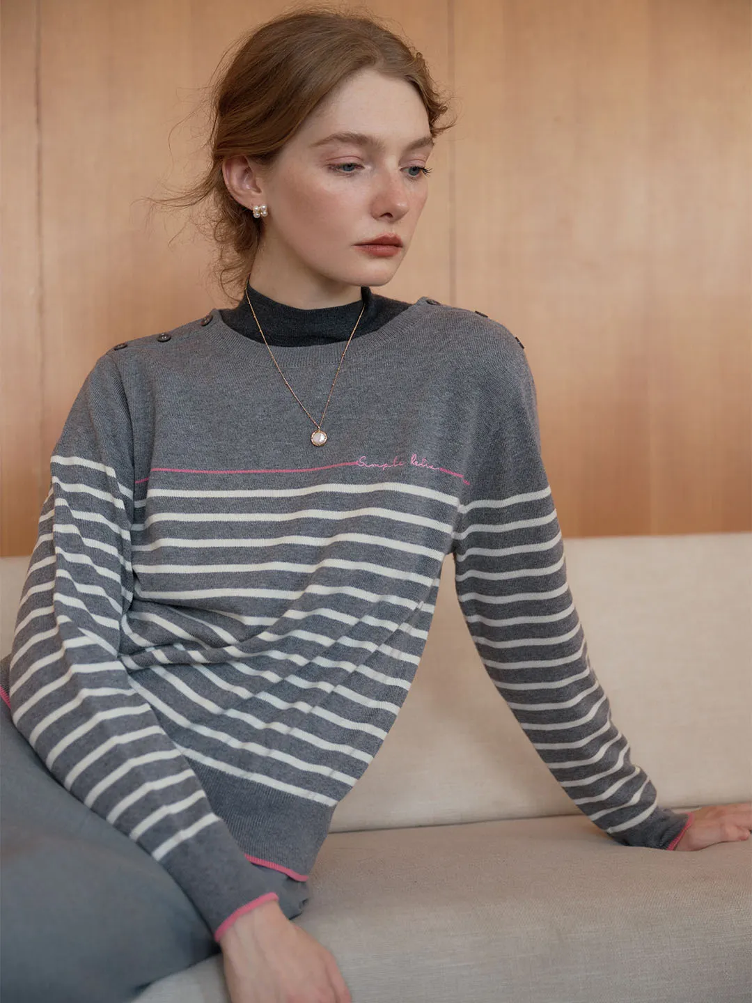 ??Final Sale??Nori Vintage Striped Contrast Crewneck Knit Top-Grey LowMaintenance