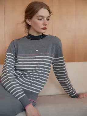 ??Final Sale??Nori Vintage Striped Contrast Crewneck Knit Top-Grey LowMaintenance