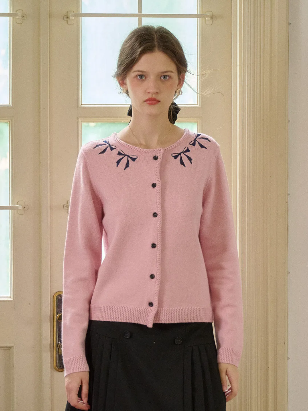 TailoredCut AntiStatic Treatment ??Final Sale??Nyx Round Neck Contrasting Embroidery Bow Cardigan