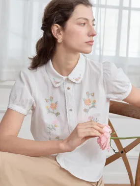 ??Final Sale??Penelope Peter Pan Collar Embroidery 100% Cotton Blouse WrinkleFree Weaving