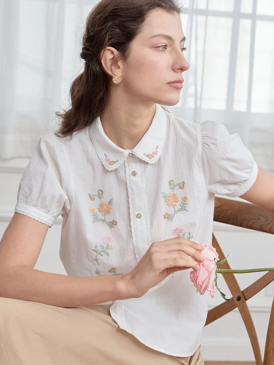 ??Final Sale??Penelope Peter Pan Collar Embroidery 100% Cotton Blouse Resilient Elasticity UltraSoftLining