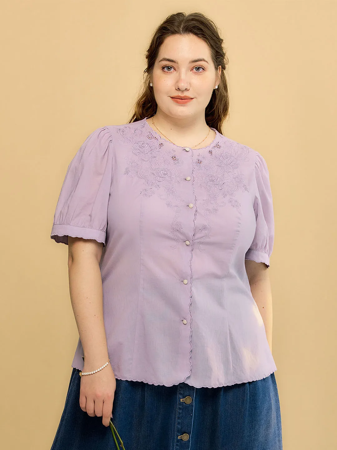 ??Final Sale??Plus Size Gracie Round Collar Embroidery Blouse-Taro Purple HiddenStoragePocket Wrinkle Free Weave