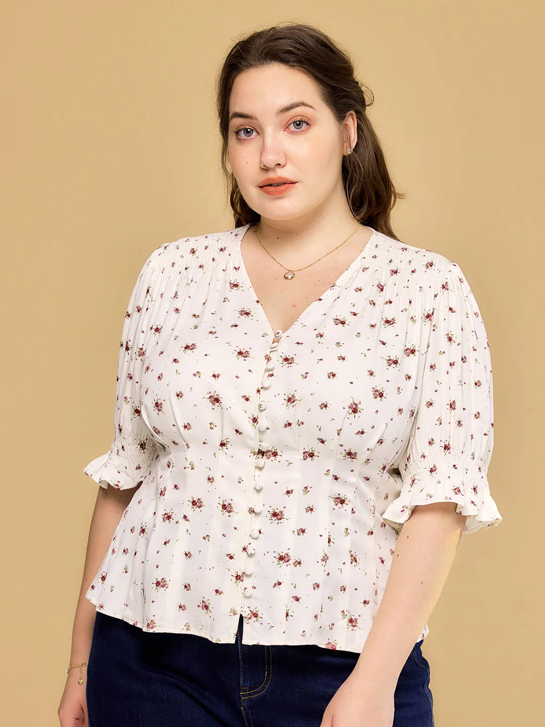 ??Final Sale??Plus Size Rosalina V-Neck Puff Sleeve Shirt Petal Sleeve Architecture ElasticTrimming