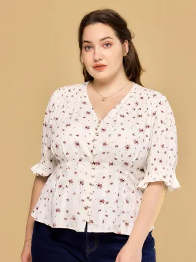 ??Final Sale??Plus Size Rosalina V-Neck Puff Sleeve Shirt Petal Sleeve Architecture ElasticTrimming