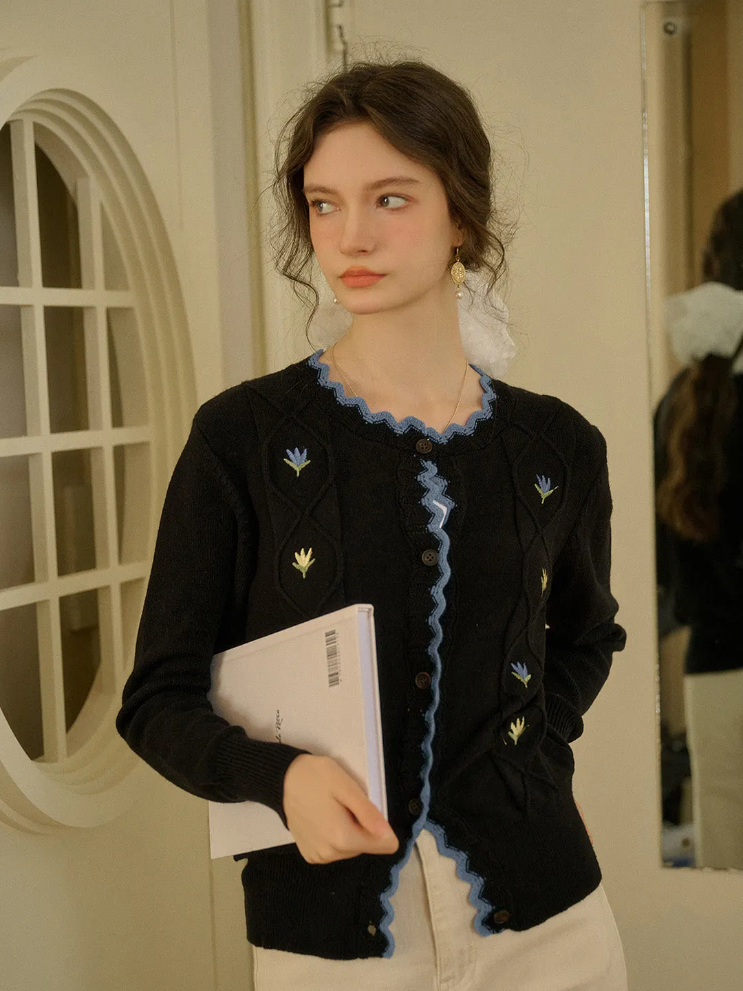 Printed Blouse ??Final Sale??Quincy Standing Collar Colour-Crossing Lace Embroidery Cardigan