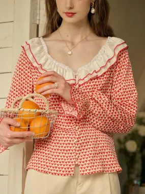 OversizedSilhouette Contrast Stitch Detailing ??Final Sale??Raelyn Patchwork Ruffle V Neck Heart Printed Blouse