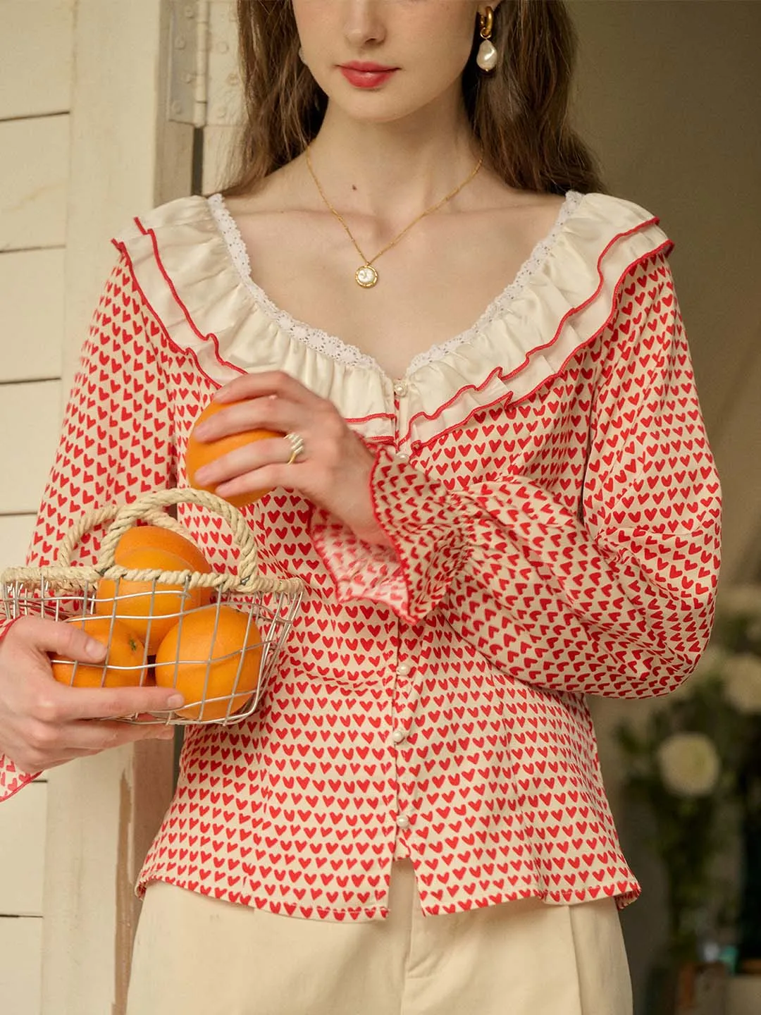 Flexible Waistband Adaptation ??Final Sale??Raelyn Patchwork Ruffle V Neck Heart Printed Blouse