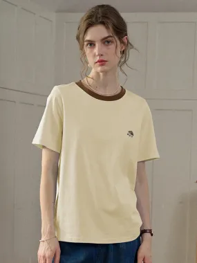 AbrasionResistant ??Final Sale??Reya Simple Round Neck Contrasting Embroidery Cotton Top - Yellow