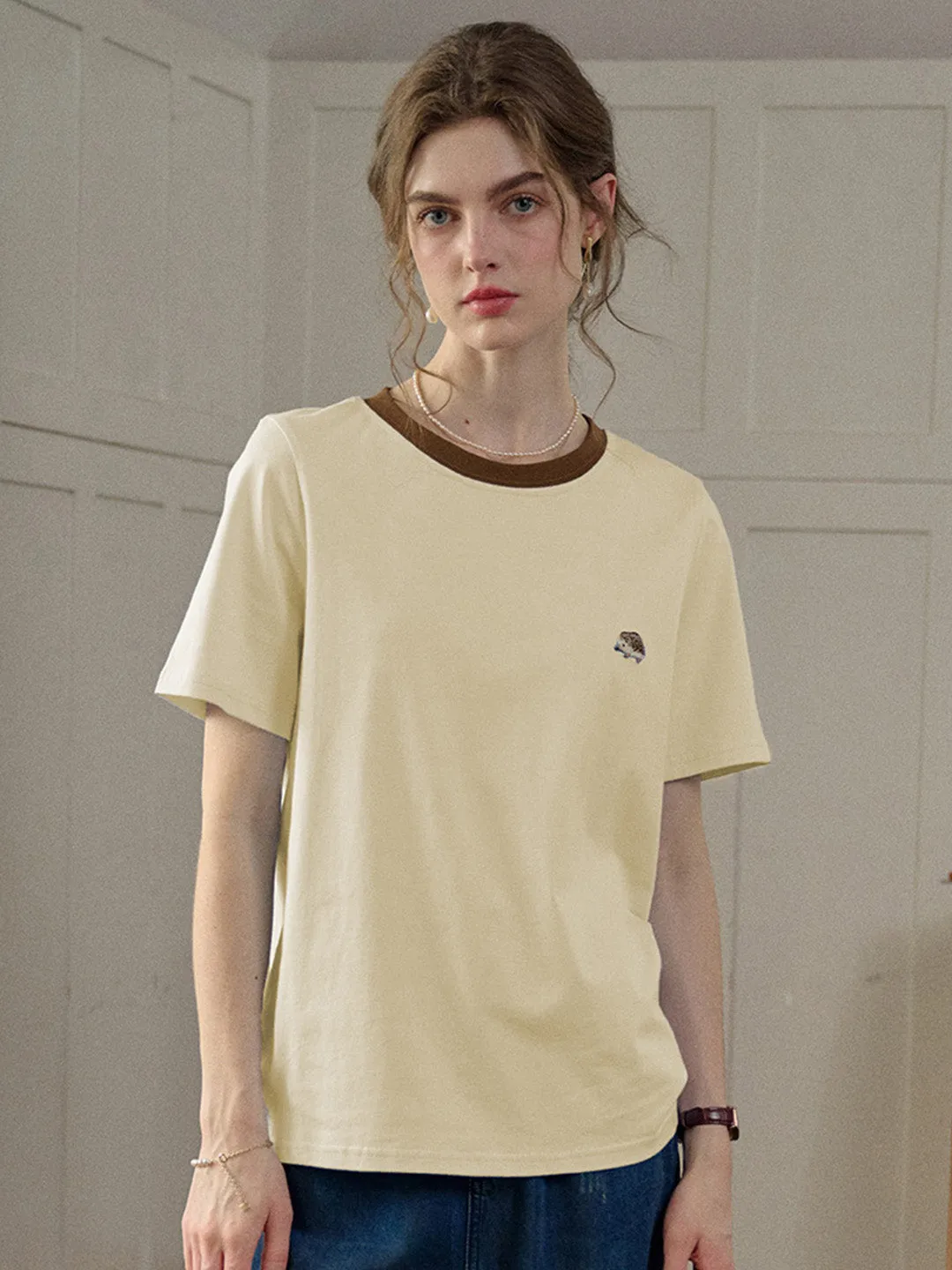 ??Final Sale??Reya Simple Round Neck Contrasting Embroidery Cotton Top - Yellow HighElasticity Thread