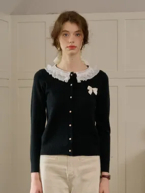 Brushed Inner Layer Hooded Design ??Final Sale??Ruby Lace Lapel Contrasting Bow Cardigan