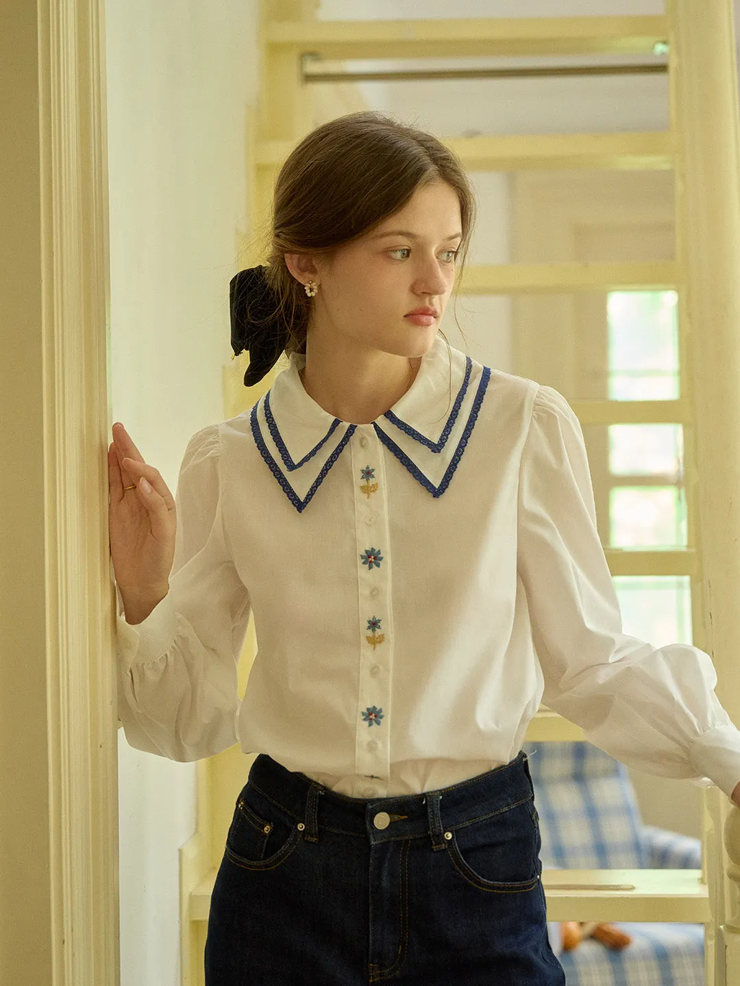 ??Final Sale??Sarah Embroidery Contrast Collar Casual Shirts FourWayStretchFabric