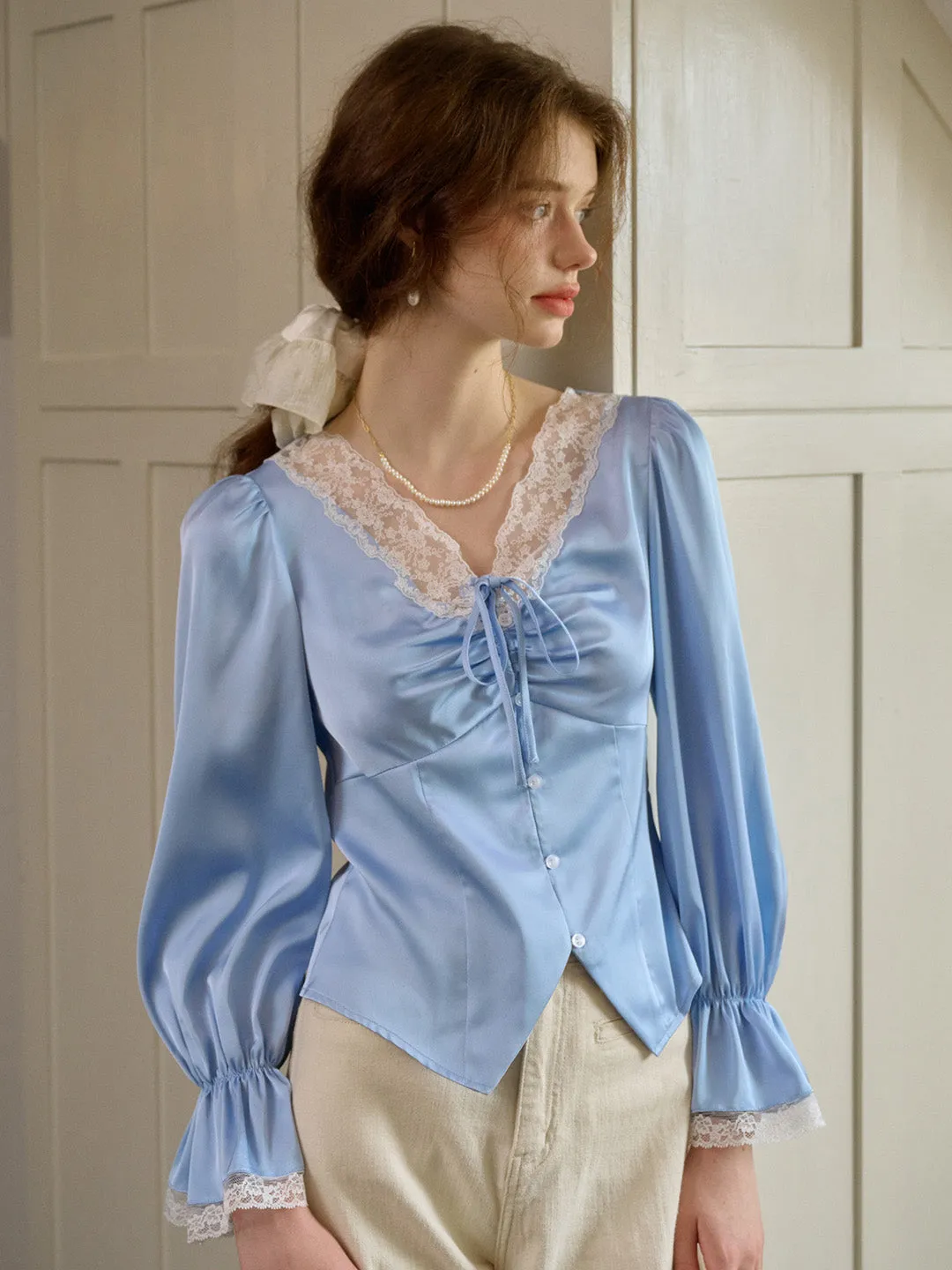 ??Final Sale??Shailene Retro V-Neck Lace Blouse Reverseble Design