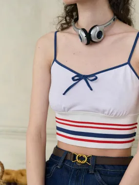 Hooded Design ??Final Sale??Simple Retro Jessica Small V-neck Contrast Bow Striped Cotton Camisole Top