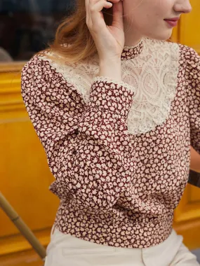 Double Chest Pocket Thermal Regulation System ??Final Sale??Sofia Maple Leaf Print Lantern Sleeve Lace Contrast Blouse