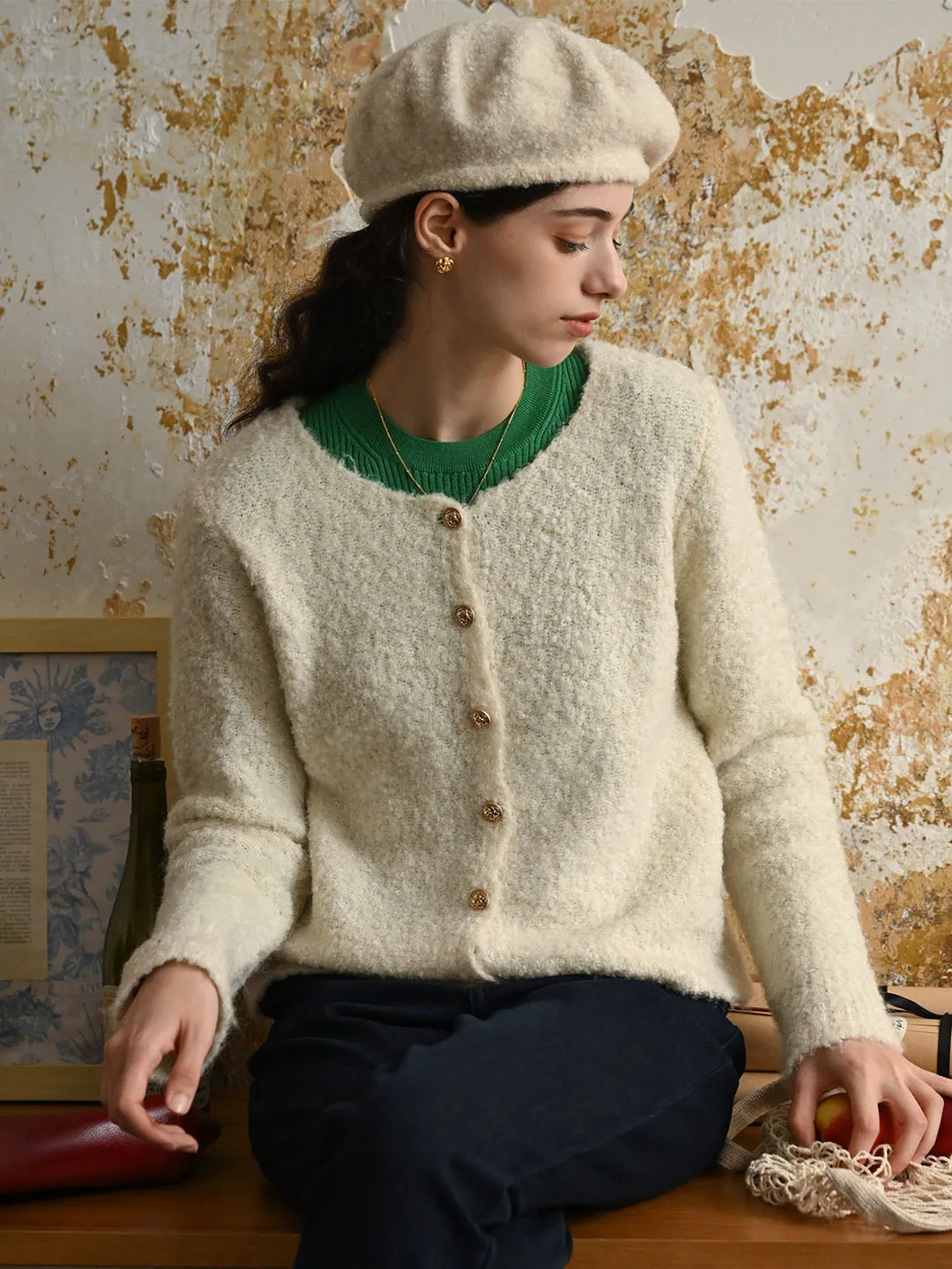 EthicallySourced Microfiber Material ??Final Sale??Stella Crew Neck Solid Button Front Cardigan