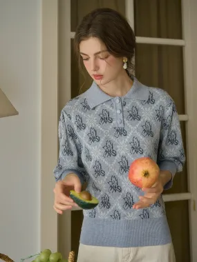 ??Final Sale??Tamsin Polo Collar Floral Knit Wool Top - Gray Antistatic