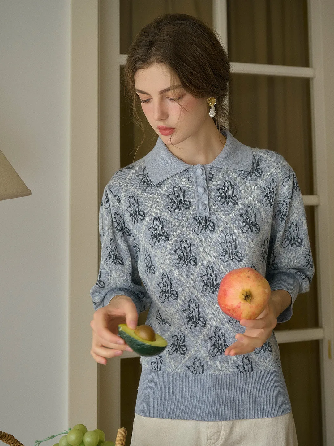 AllPurpose Design ??Final Sale??Tamsin Polo Collar Floral Knit Wool Top - Gray