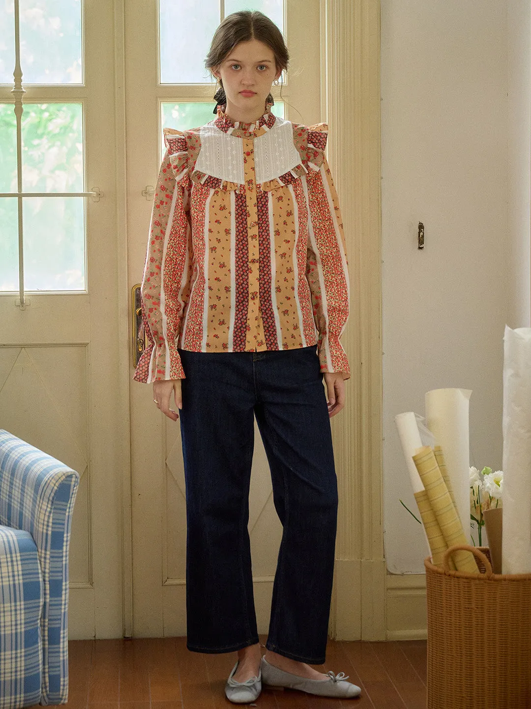 Metallic Fiber Blend PreShrunkFabric ??Final Sale??Wren Stand Collar Floral Patchwork Shirt