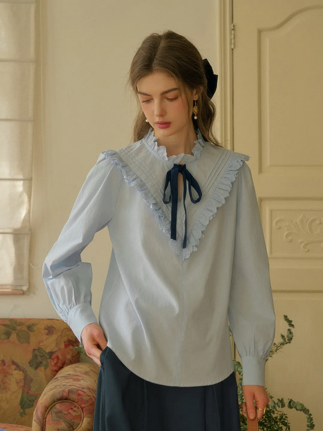 ??Final Sale??Yareli Vintage Lace Panel Contrasting Lace-up Round Neck Blouse - Blue NonChafe Lining Moisture Control Technology