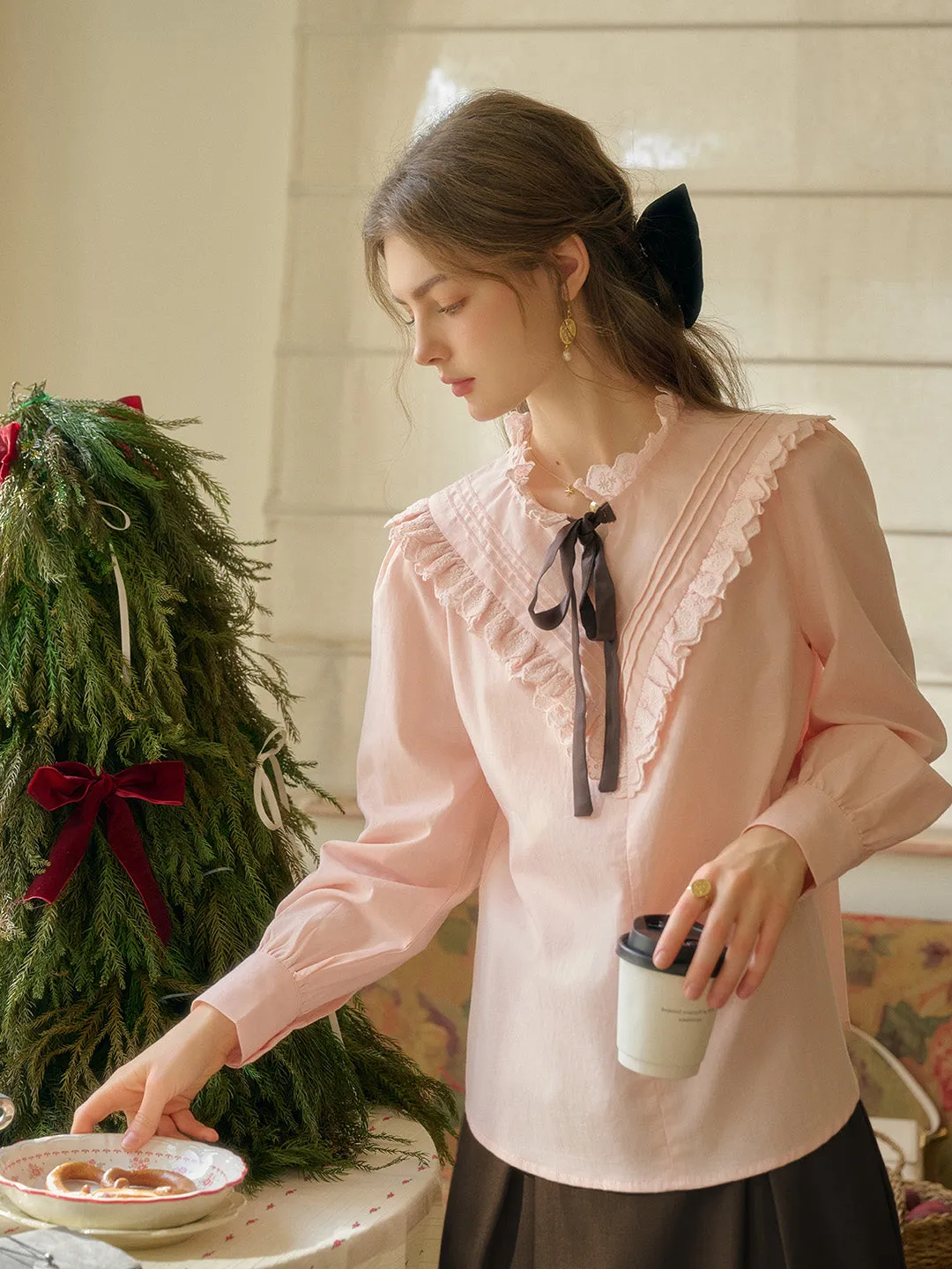 ??Final Sale??Yareli Vintage Lace Panel Contrasting Lace-up Round Neck Blouse - Pink Flattering Drape