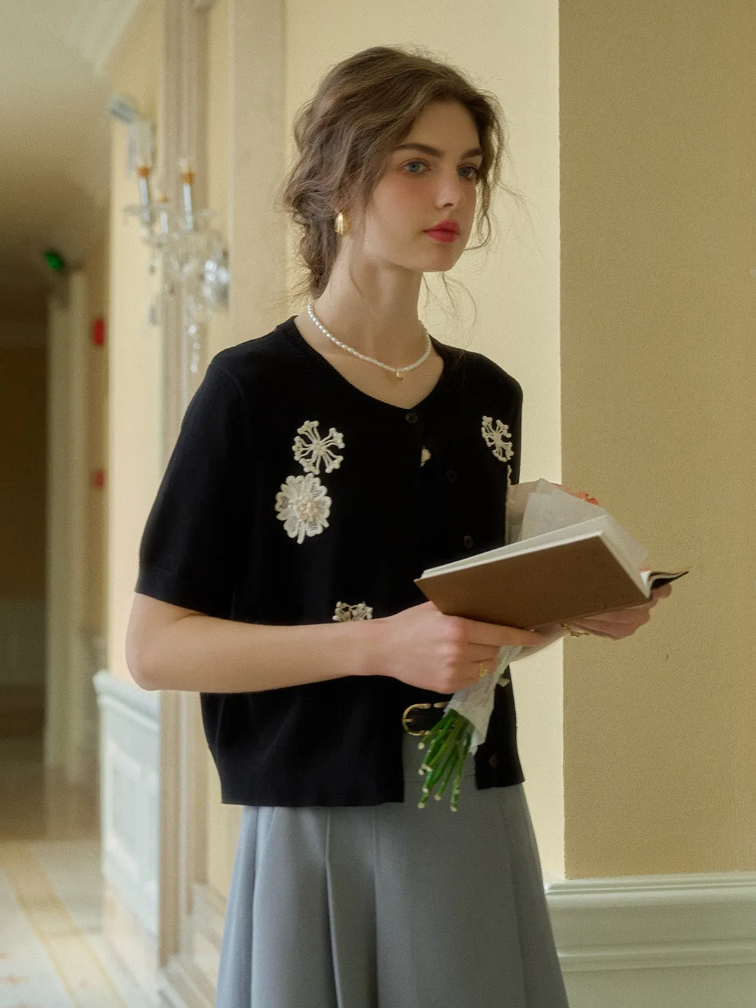 Recycled Material Blend ??Final Sale??Yuna Round Neck Embroidery Cardigan