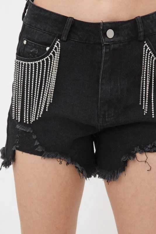 Seamless Integration Noise Free Operation Design Presley Rhinestone Denim Shorts- Black