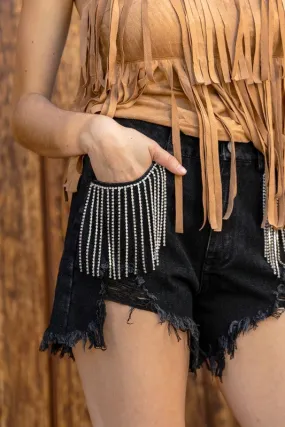 Presley Rhinestone Denim Shorts- Black RipstopMaterial