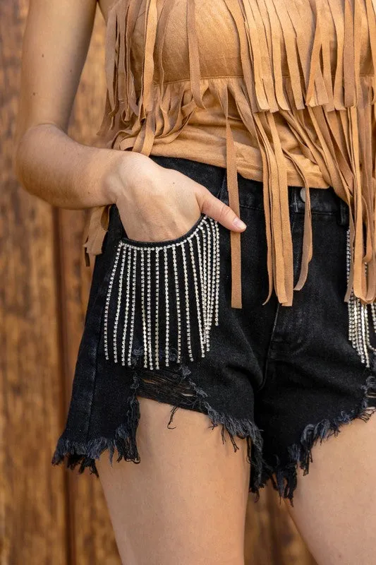 Presley Rhinestone Denim Shorts- Black RipstopMaterial