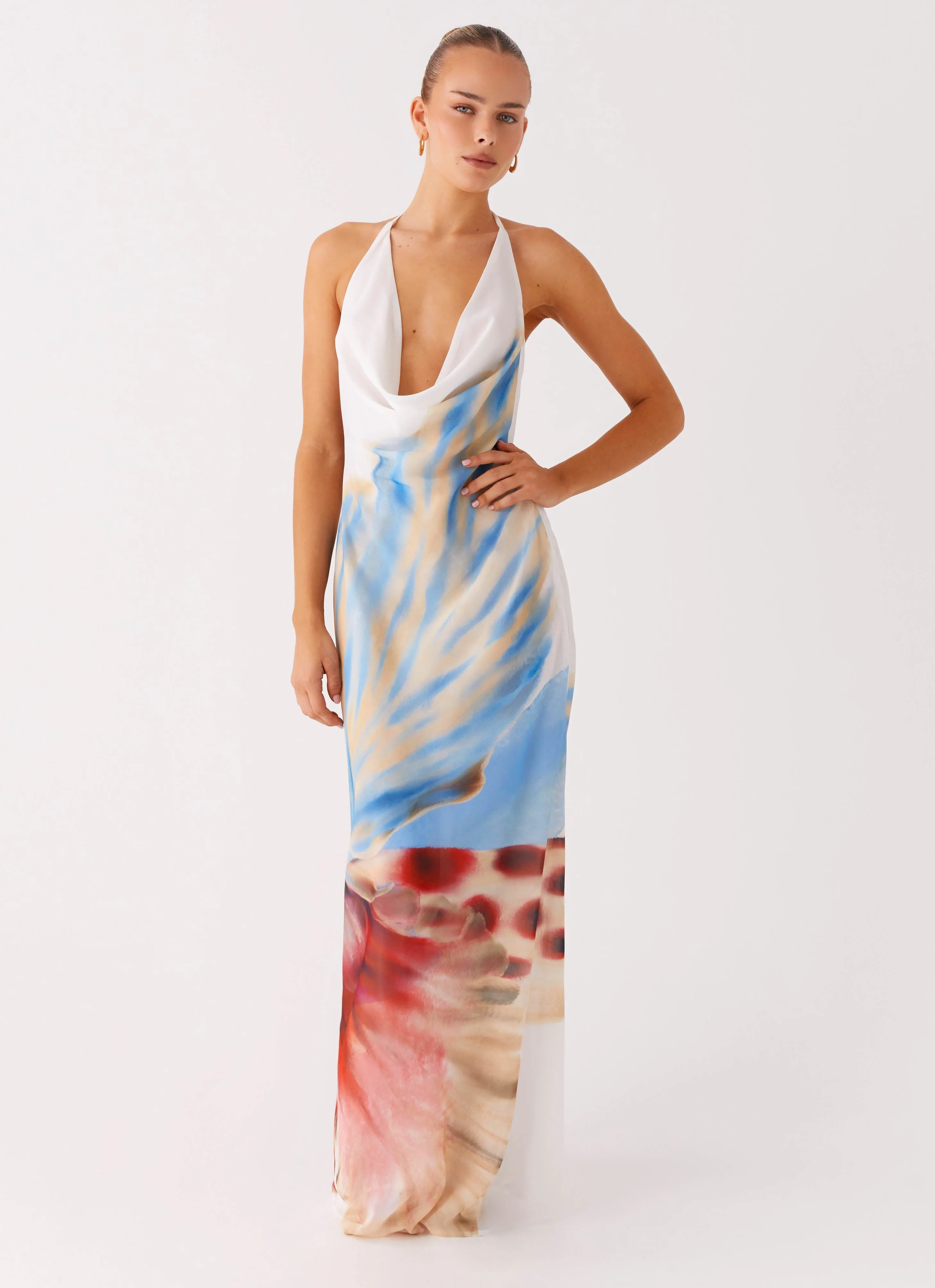 Stars Align Cowl Maxi Dress - White Sea Bloom Bold Touches Easy Layering