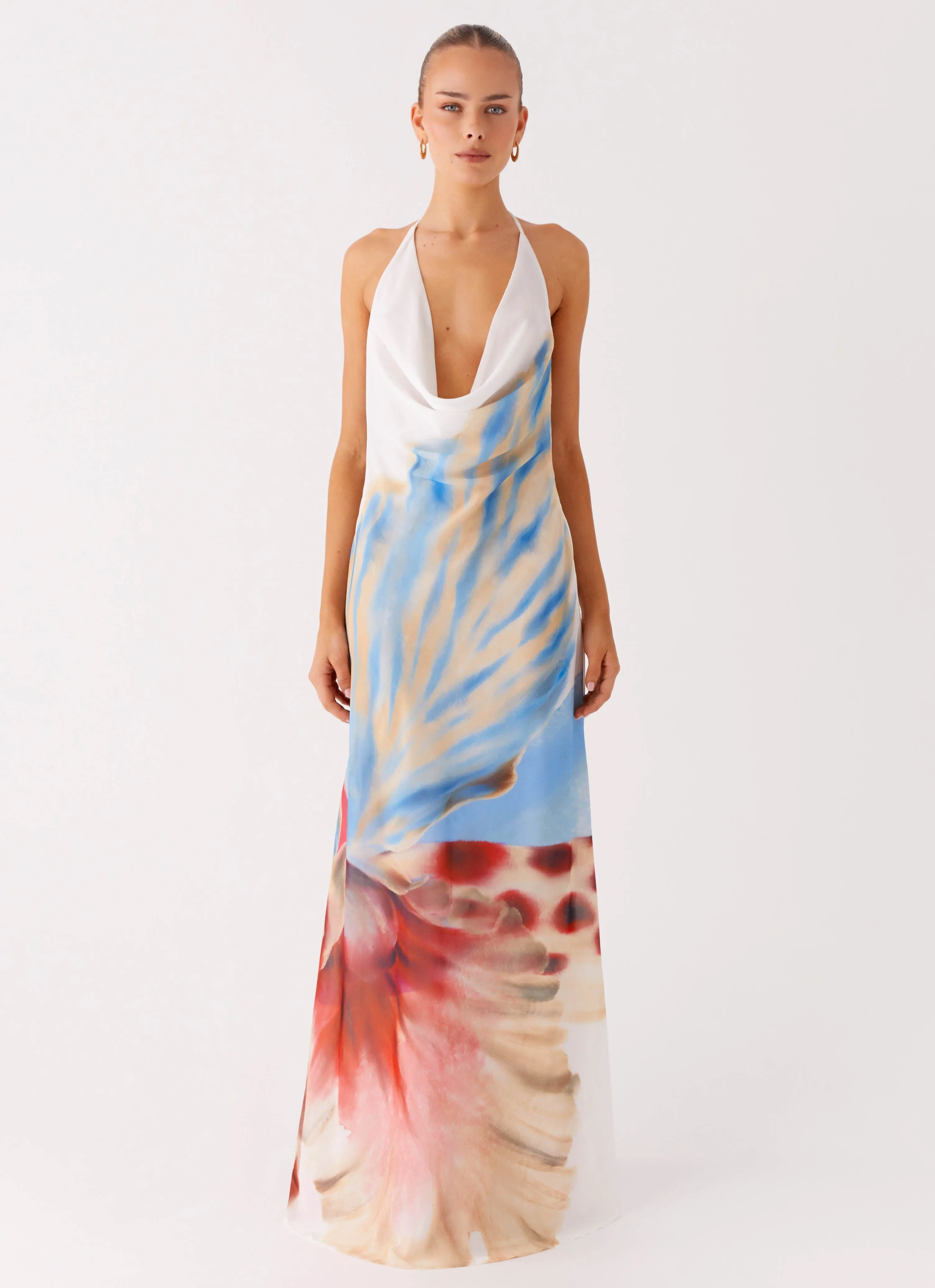 Stars Align Cowl Maxi Dress - White Sea Bloom Effortless Look