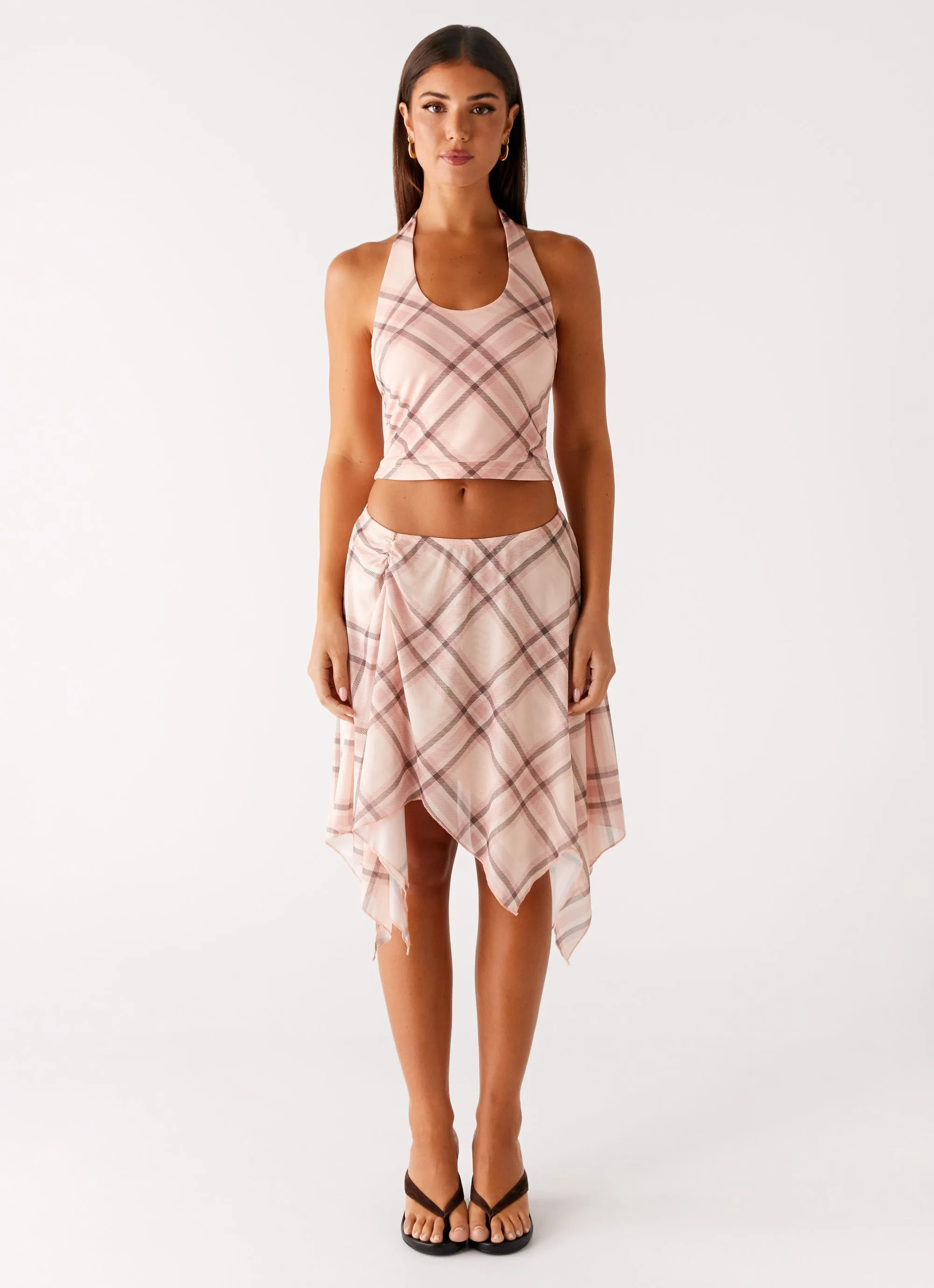 Reflective Trim Details Fit Check Halter Top - Pink Check