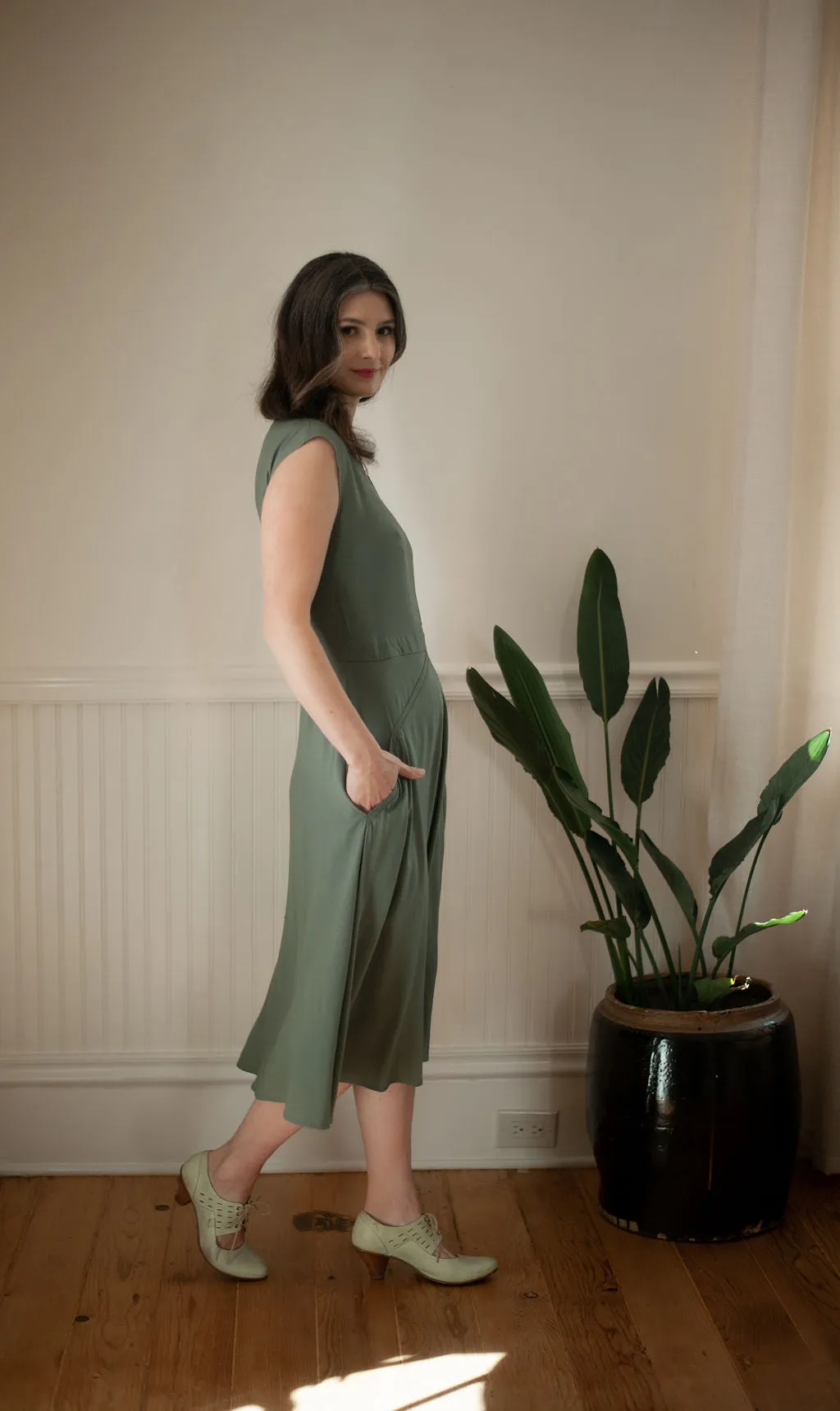 Dressy Yet Comfortable All Look Xena Dress in Sage Green Challis