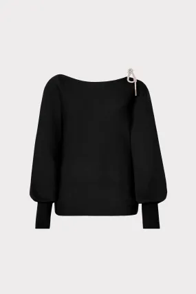 LightweightTexture Reinforced Elbow Patches Ida Crystal Bow Cold Shoulder Sweater