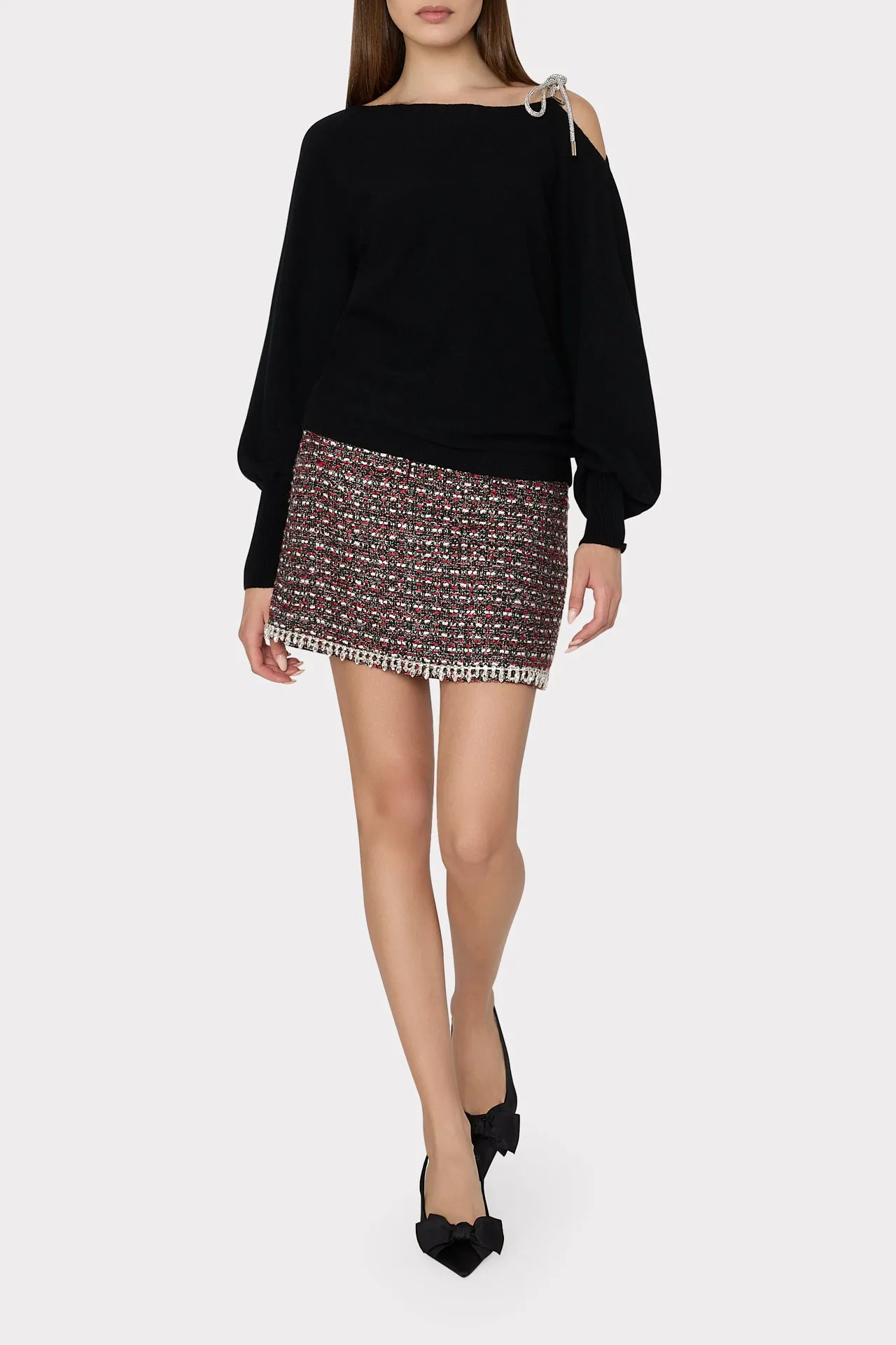 Ida Crystal Bow Cold Shoulder Sweater Garment Washed Finish