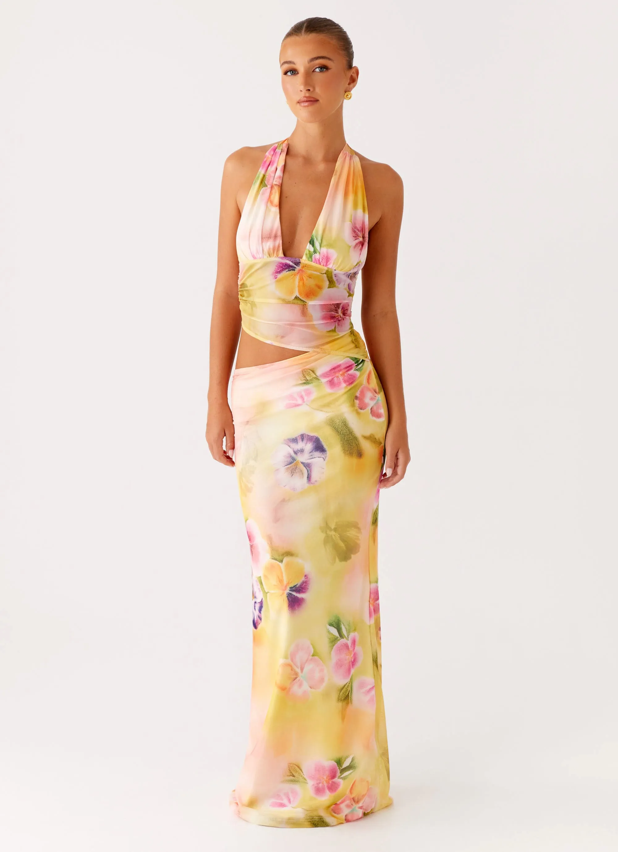Main Act Halter Maxi Dress - Sunburst Floral Modern Layers