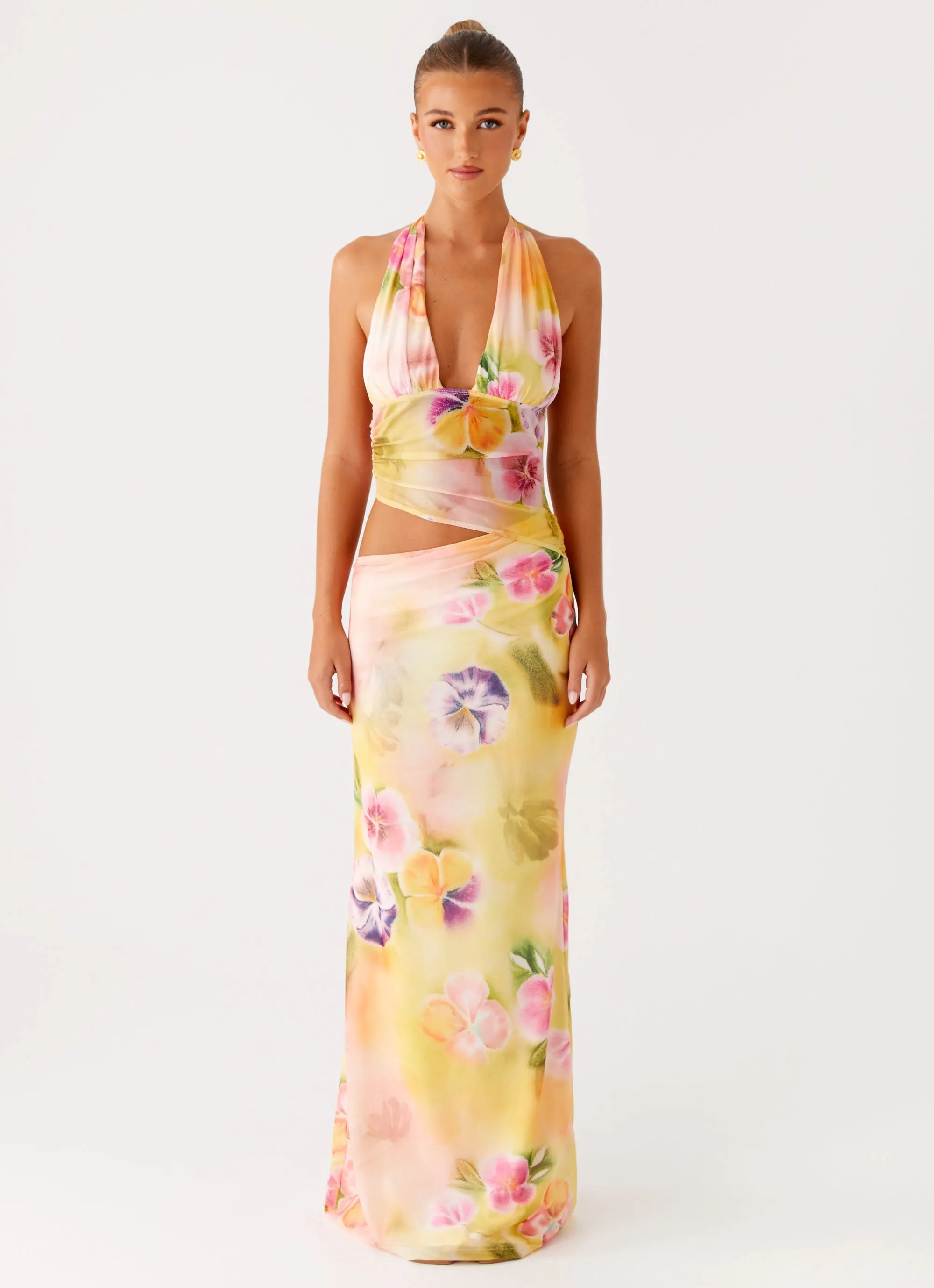 Urban Touch Sleek Appearance Main Act Halter Maxi Dress - Sunburst Floral