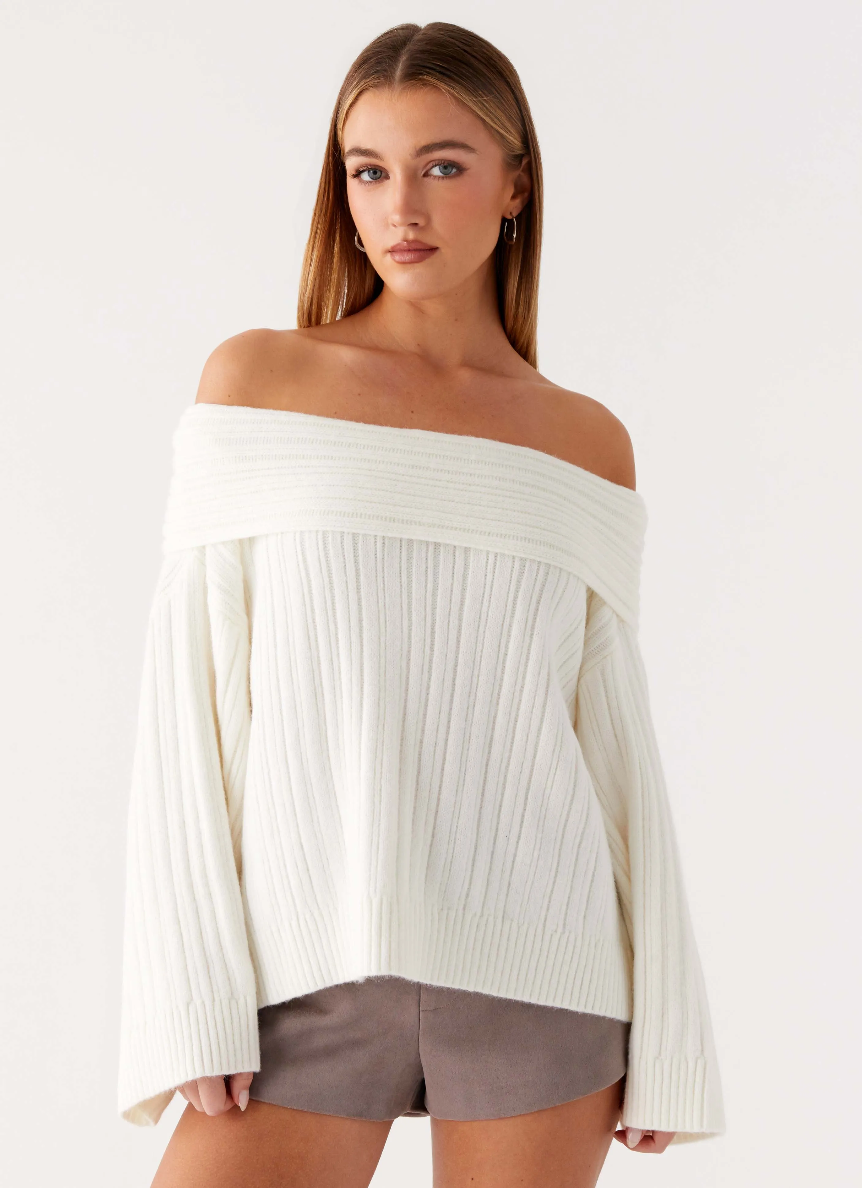 Yarn Dyed Pattern Cloth HighDensityFoam Federica Off Shoulder Knit - White