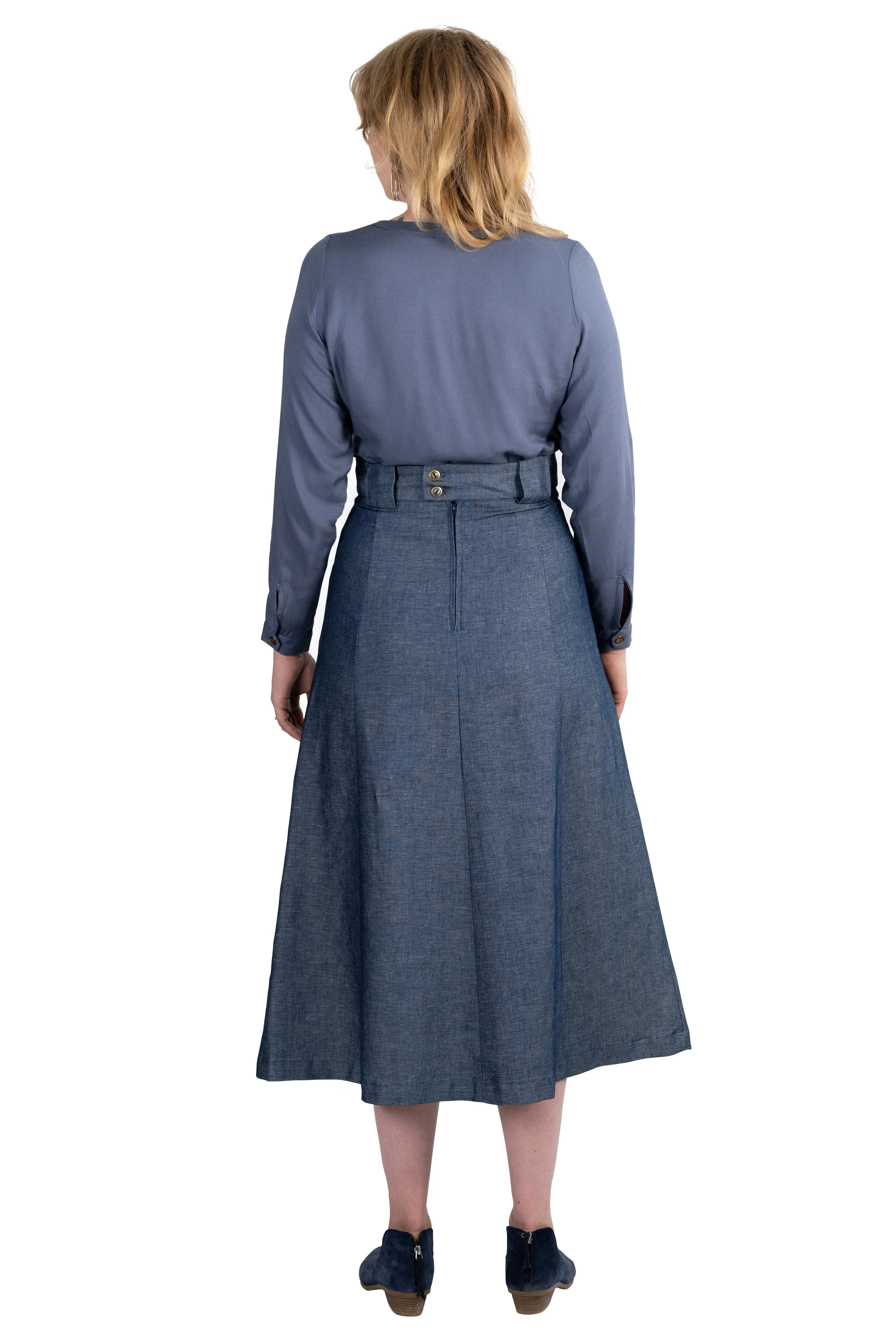 Breathable Layer Low Profile Waistband Olivia Skirt in Indigo Denim