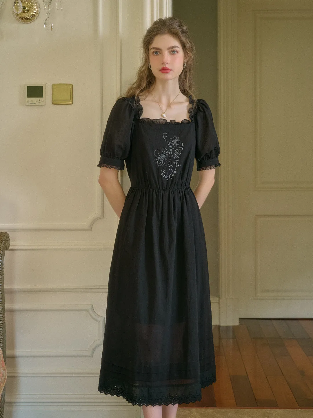 Rina Square Neck Embroidery Dress Holiday-Party Comfy and Relaxed