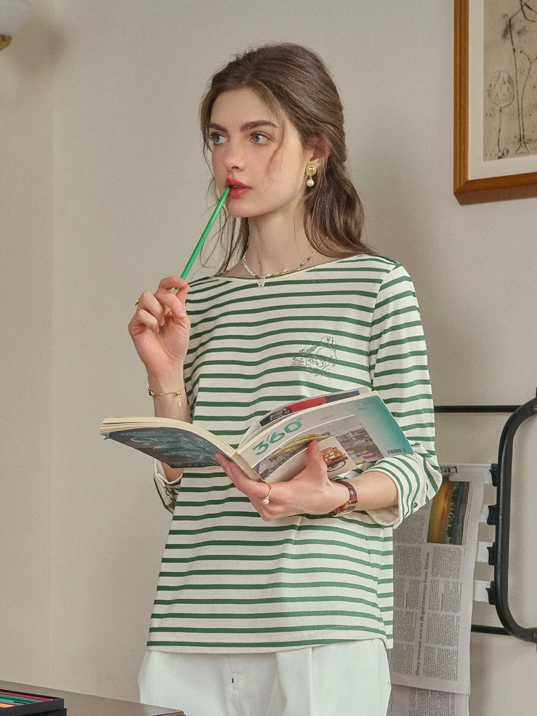 Aika Round Neck Striped 100% Cotton Top LongLastingDurability Sandwich Mesh Panel Structure