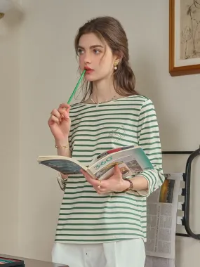 Breathable Underarm Gussets Aika Round Neck Striped 100% Cotton Top