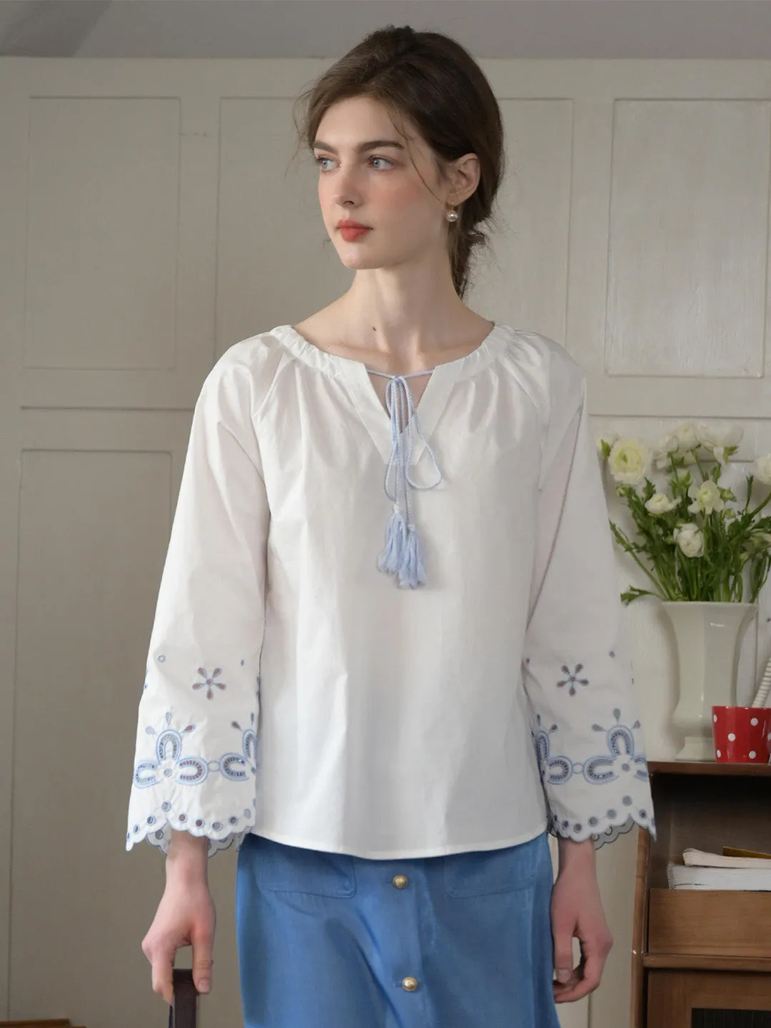 Gym Wear Chic Style Regina Fringed Tie Round Neck Hollow Embroidered Blouse