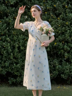 Jane Gypsophila Embroidered Floral V-neck Puff Sleeve Cotton Dress Comfy Detail Light Elegance