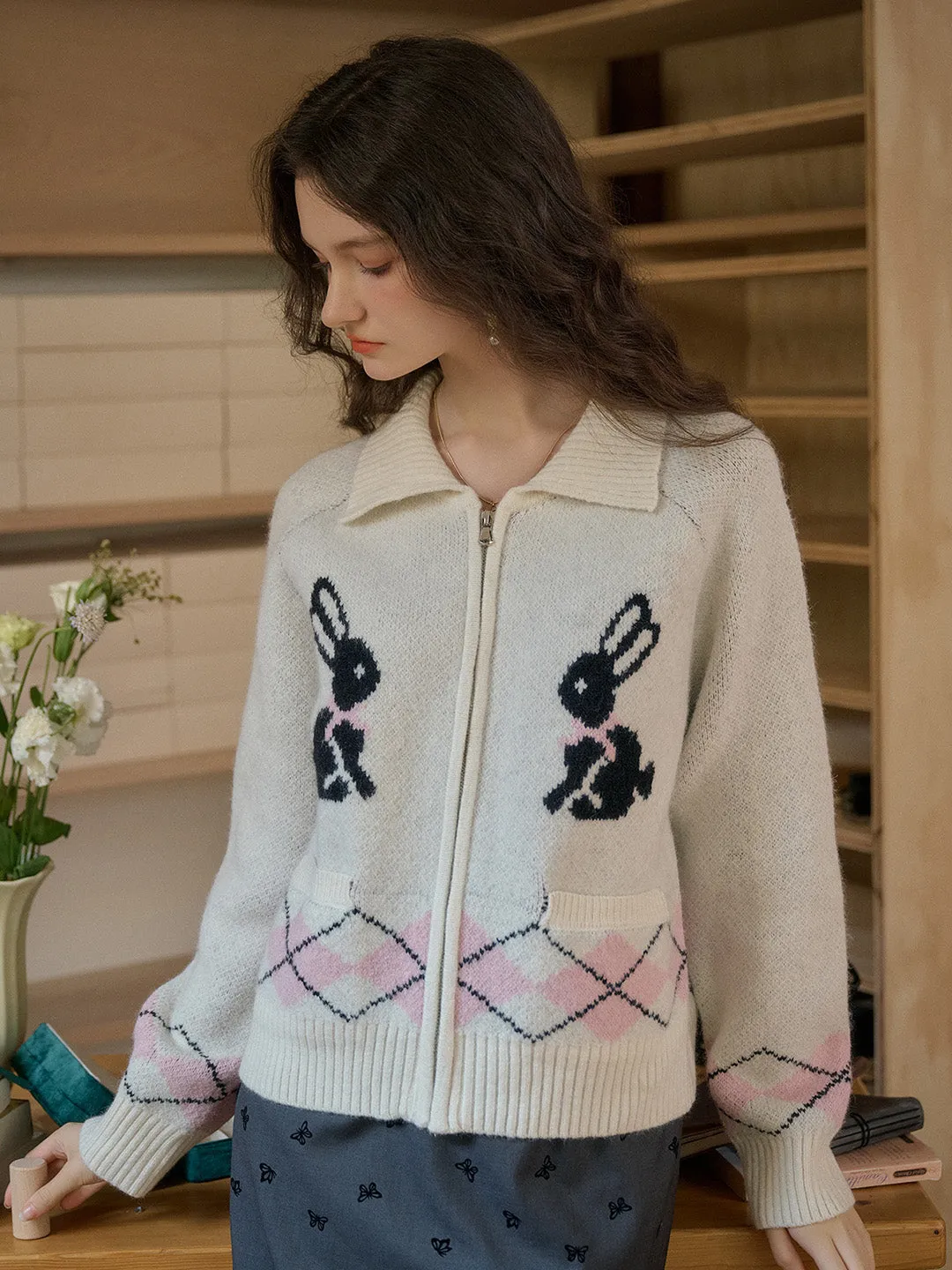 ??Final Sale??Layne Lapel Clashing Rabbit Embroidery Zip Cardigan ZonalVentilation LowMaintenanceFabric